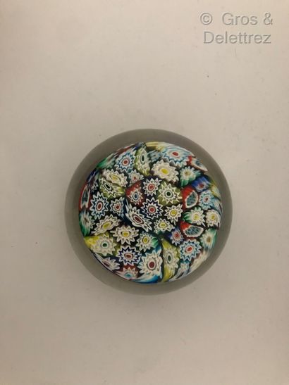 null Round crystal paperweight 



millefiori sulfide tinted purple, green, red,...