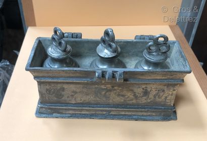 null LANGUEDOC - Rectangular pewter Holy Oils box with truncated dome lid topped...