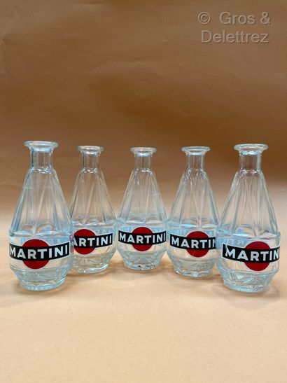 null Martini. Suite of five glass advertising decanters with triangles decoratio...