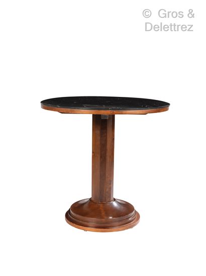 null 1930's work Pedestal table in stained beech wood with a circular top in black...