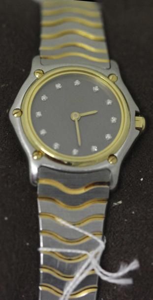 EBEL Bracelet montre de dame en or jaune et acier, cadran noir, index diamants, mouvement...