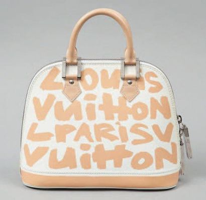 Louis VUITTON par Stephen Prouse Sac «Alma» 29 cm en cuir glacé blanc imprimé de...