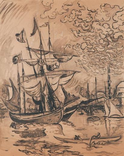 Paul SIGNAC (1863-1935) Barques devant les Mosquées de Constantinople Crayon, lavis...