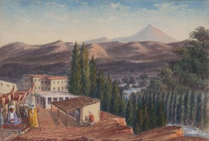 Ecole Orientaliste fin XIXème siècle Vue du mont Hermon de Zahleh, Liban Aquarelle,...