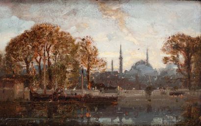 Henri DUVIEUX (c.1855-1920) Vue du Bosphore, Constantinople Huile sur panneau, signée...