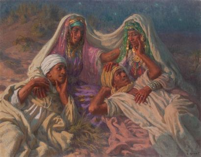 Etienne DINET (1861-1929) Quatre amoureux sur la dune éclairée par un feu d'Alfa...