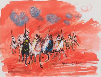 Hassan EL GLAOUI (né en 1924) Les cavaliers Gouache, signée en bas à droite. 48 x...
