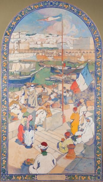 Léon CAUVY (1847-1933) Port d'Alger Projet d'affiche «Alger, porte ouverte à la civilisation»....