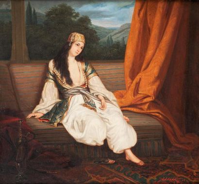 Henry SCHEFFER (1798-1862) Ottomane rêvant sur un sofa Huile sur toile, signée en...
