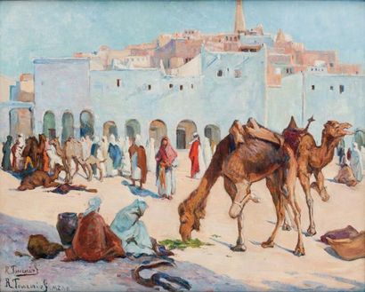Renée TOURNIOL (1876 - 1953) Marché à Ghardaïa Huile sur toile, signée (deux fois),...