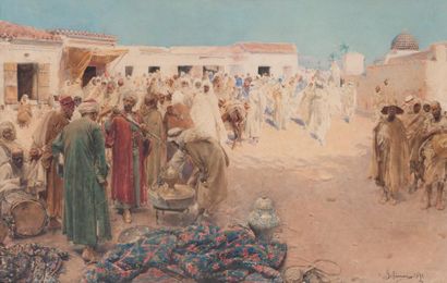 Gustavo SIMONI (1846-1926) Le marchand d'armes Aquarelle, signée et datée 1891 en...