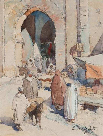 Elisabeth DANDELOT (1898-1995) Porte à Meknès Aquarelle et gouache, signée en bas...