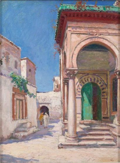 Léon GIFFARD (1875-1946) La Medersa Es Slimania, Tunis Huile sur panneau, signée...