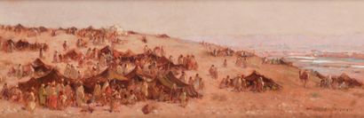 Eugène DESHAYES (Alger 1862 - 1939) Campement près du Marabout Huile sur panneau,...