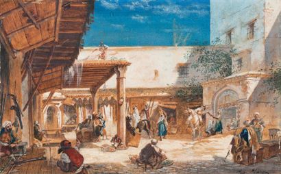 Eugène FLANDIN (1809-1876) Cour d'un caravansérail Aquarelle, signée en bas à droite....