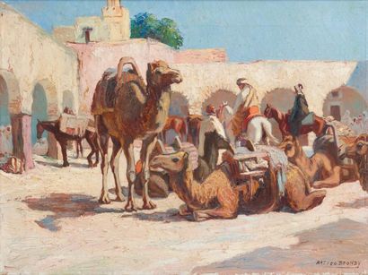 Mattéo BRONDY (1866-1944) Les chameaux au fondouk Huile sur toile, signée en bas...