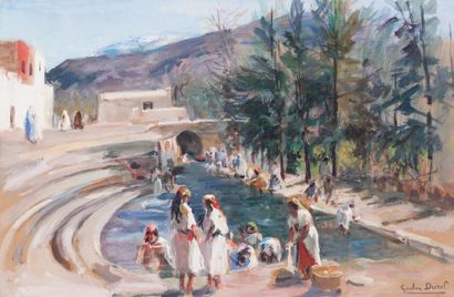 Gaston DUREL (1879-1954) Lavandières au Maroc Gouache, signée en bas à droite. 31...