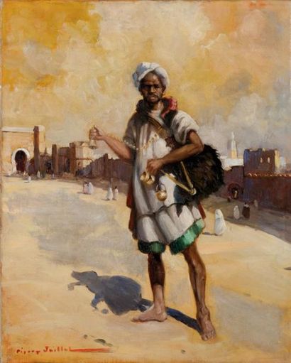 Pierre JAILLET (XXème siècle) Marchand d'eau devant les remparts, Maroc Huile sur...