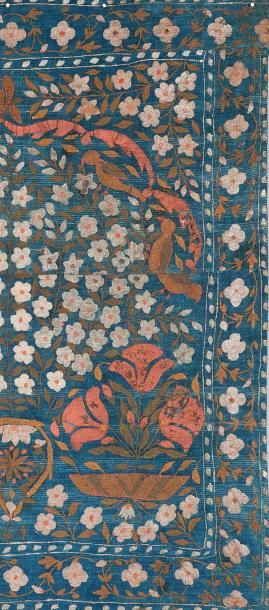 null Rare tapis de prière peint sur un coton indigo, Inde. Décor de mihrab. Usures...