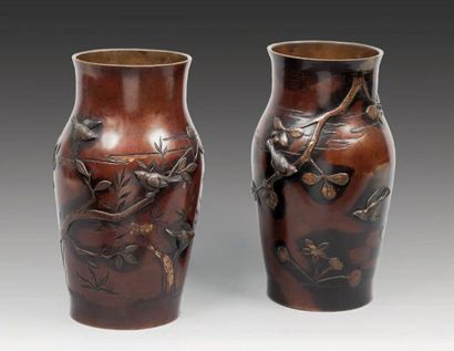 null PAIRE de VASES en bronze à patine brune Epoque Meiji, XIXème siècle. Haut.:...