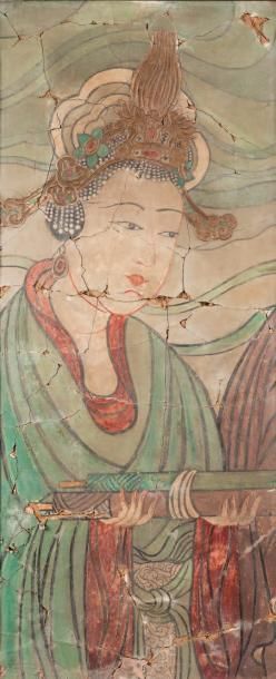 CHINE Peinture sur stuc représentant une Guanyin Epoque Ming (Manques)