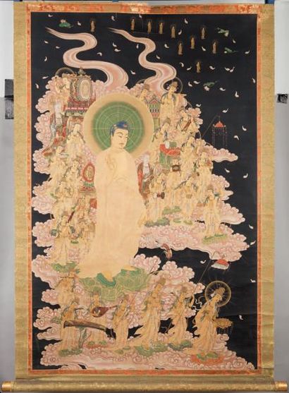 null IMPORTANT TANKA sur soie. Japon, Fin XVIIIème - Début XXème siècle