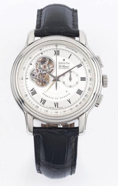ZENITH CHRONOMASTER OPEN VERS 2008 Grand chronographe bracelet en acier. Boîtier...