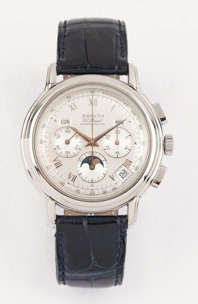 ZENITH CHRONOMASTER VERS 1995 Beau chronographe bracelet en acier. Boîtier rond godronné,...