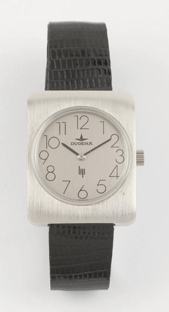 LIP/DUGENA VERS 1970 Montre bracelet rectangle en métal chromé. Cadran gris avec...