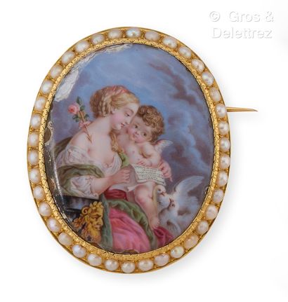 Yellow gold brooch, decorated with a miniature...