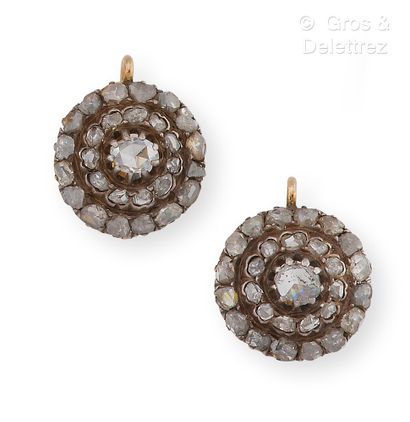 null Pair of yellow gold and silver "Rosace" earrings, set with rose-cut diamonds...