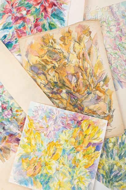 Claude VALLET Lot d'environ 15 aquarelles: bouquets de fleurs d'esprit cubiste

Environ...