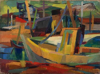 Claude VALLET Paysages cubistes de Provence, bateaux au port, personnage à l'atelier

3...