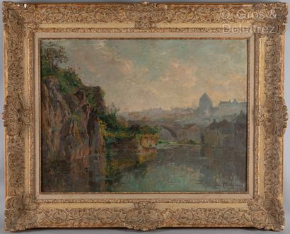 Edmond PETITJEAN (1844-1925) Paysage au pont

Huile sur toile.

Signée en bas à droite.

60...
