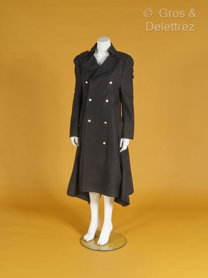 null Yohji YAMAMOTO - Black wool coat, notched collar, silver metal double-breasted...