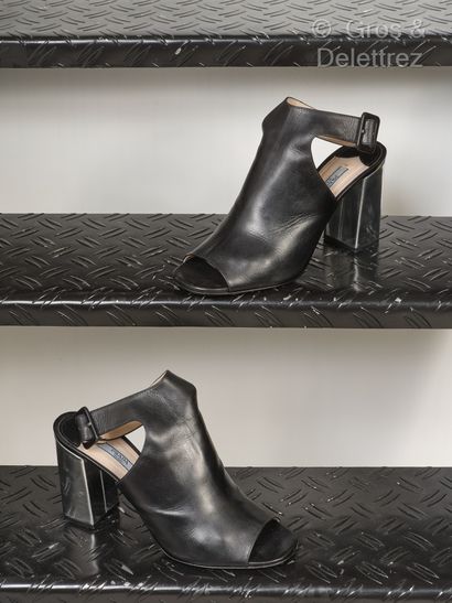 PRADA - Pair of black leather mules, peep-toes,...