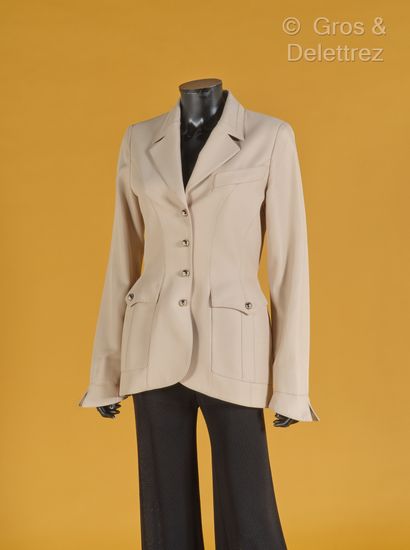 null MUGLER - Veste en polyester beige, col châle cranté gansé d'ottoman de coton...