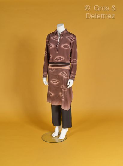 null DRIES VAN NOTEN - Ensemble en crêpe de soie cacao imprimé de bouches en dégradé...