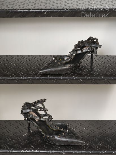 null VALENTIN0 - Pair of "Rockstud" open pumps in black studded leather topped with...