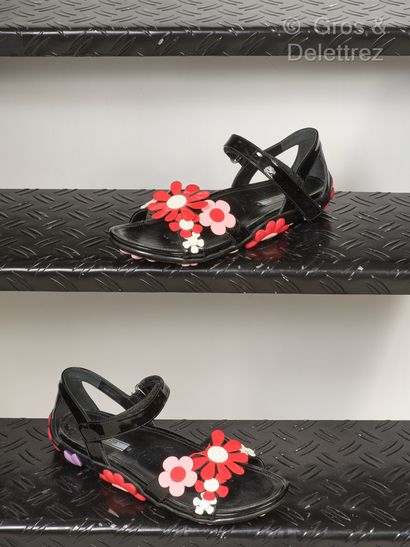 null PRADA - Pair of black patent leather sandals adorned with pink, red and white...