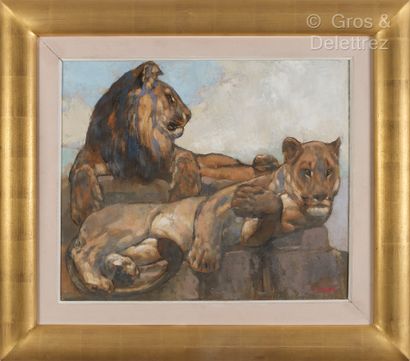 Paul JOUVE (1878-1973) Lion et lionne allongés,1922.

Huile sur papier marouflé sur...