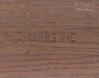 Atelier MARTINE Table d’appoint en chêne teinté et hêtre ouvrant par deux tiroirs...