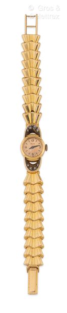EGINE Bracelet montre de dame en or jaune, boîtier rond (15 mm), attaches serties...