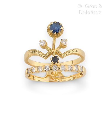null Bague « Duchesse » en or jaune, ornée de diamants taillés en brillant et saphirs....