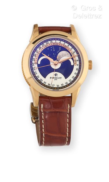 PERRELET Ref A3013 – Grande montre bracelet en or rose. Boîtier rond, carrure striée,...