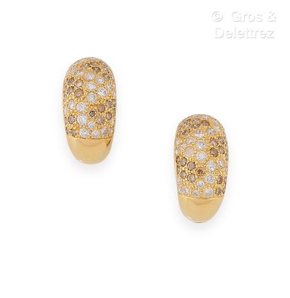 CARTIER Pair of yellow gold earrings, decorated with a pavement of white and cognac...