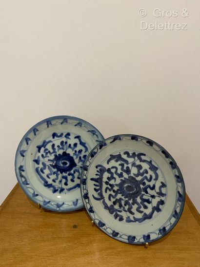 null Deux petites assiettes en porcelaine à décor en camaïeu de bleus de fleurs stylisées.
Chine...