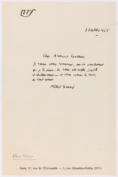 null CAMUS, Albert (1913-1960). Set of 4 autograph documents: 



-P.A.S. of his...