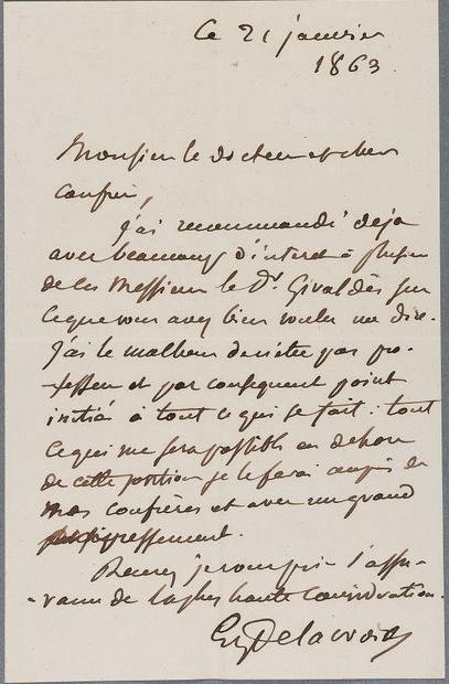 null DELACROIX, Eugène (1798-1863). L.A.S. adressée à Victor HUGO. S.l.n.d. 1 p....