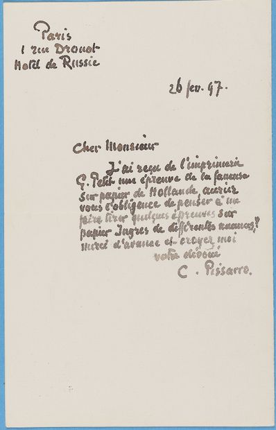 null PISSARRO, Camille (1830-1903). Ensemble de 2 L.A.S. Eragny-Bazincourt et Paris,...